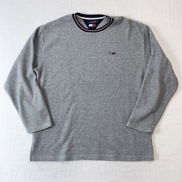 Y2K Tommy Hilfiger Flag Fleece Crewneck Sweatshirt XL Vtg Gray Skater Plain - Picture 1 of 8